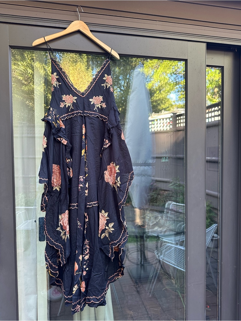 Free People Black Maxi Dress with Pink Floral Embroidery